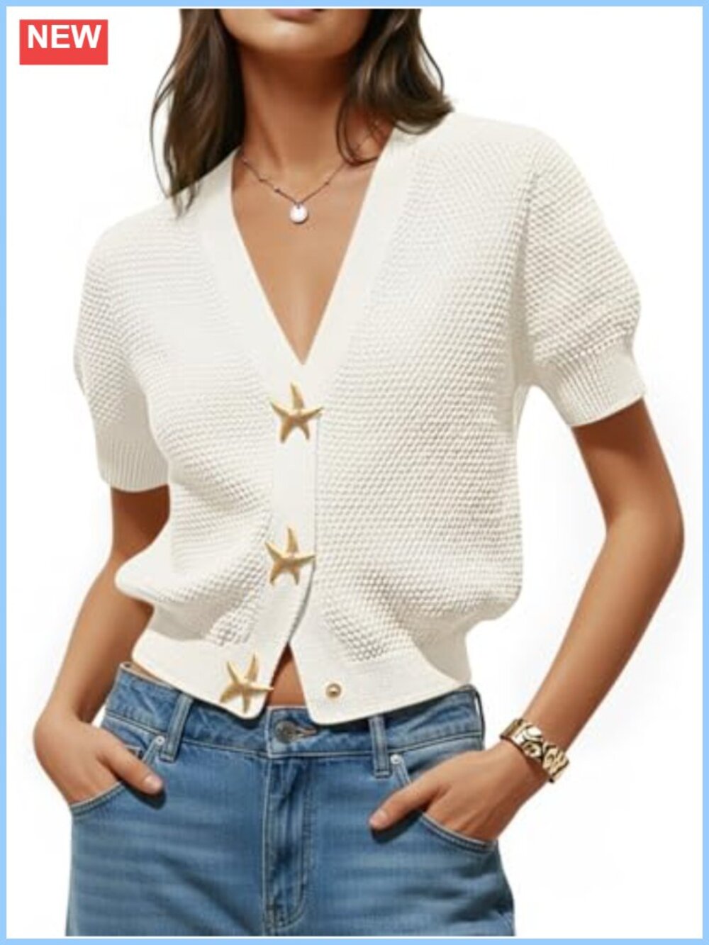 Womens Puff Short Sleeve Cardigan Lightweight Summer Sweater Top